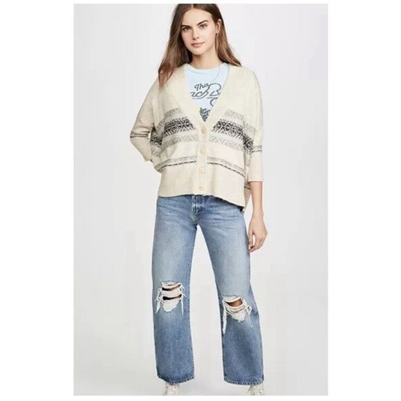 Chaser Fair Isle Drop Shoulder Over Sized Button Sweater in Natural Sz S NWOT - Picture 3 of 10